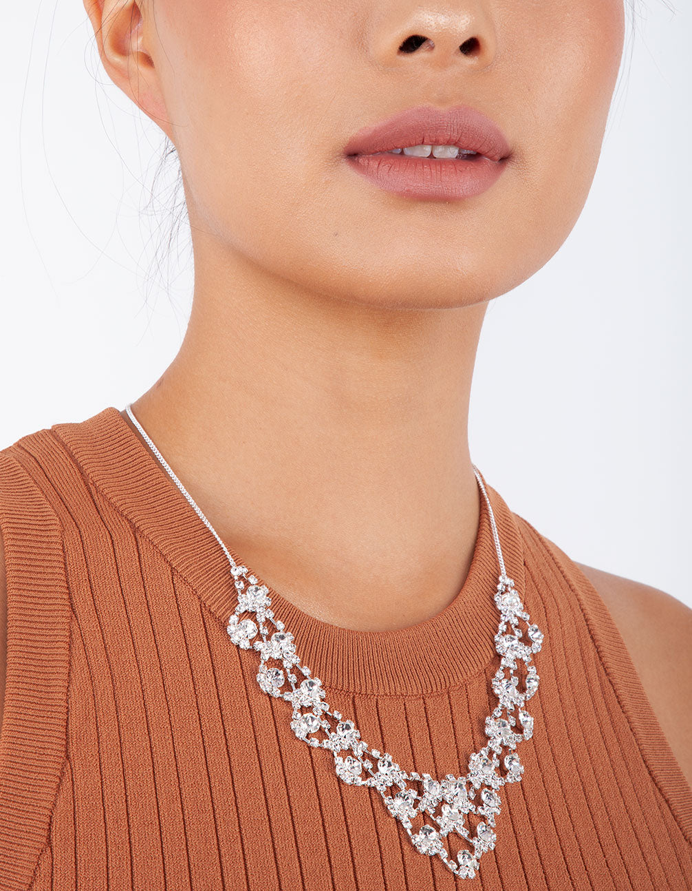 Silver Diamante V Shape Bib Necklace