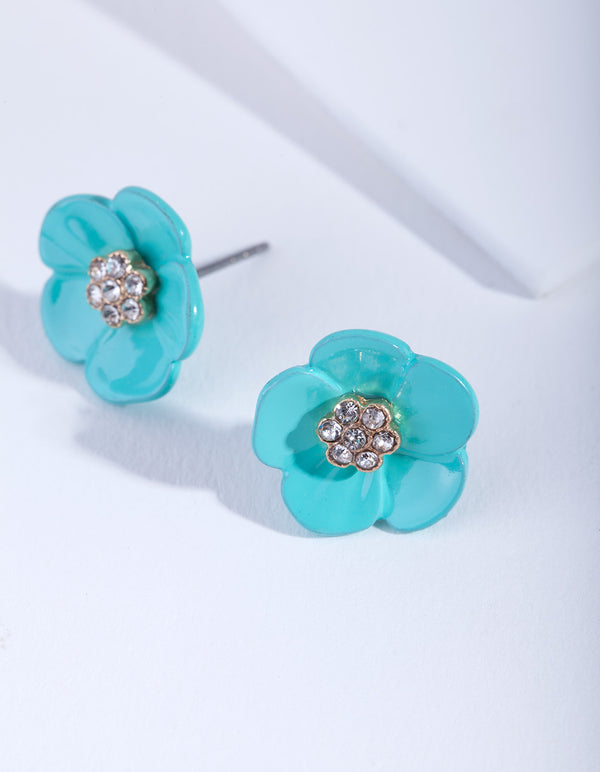 Teal Flower Diamante Stud Earrings