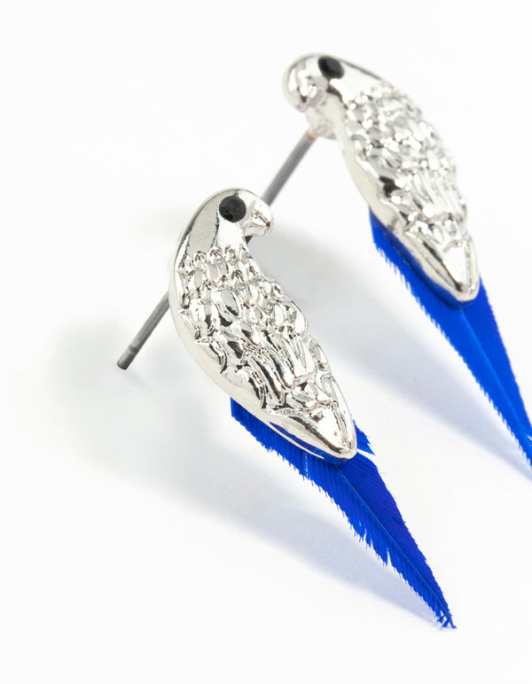Mini Bird Blue Feather Stud Earrings