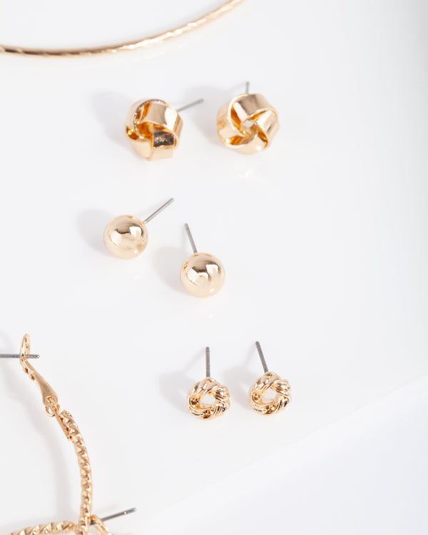 Gold Ball Knot Stud & Hoop 6-Pack