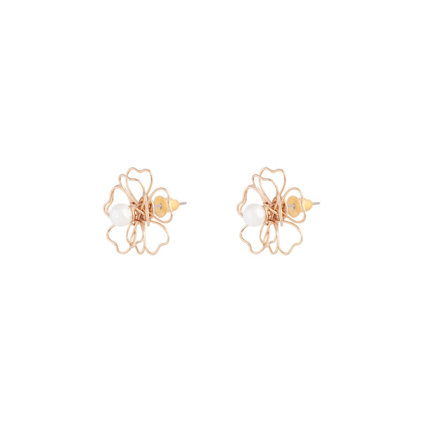 Gold Pearl Wired Flower Stud Earrings