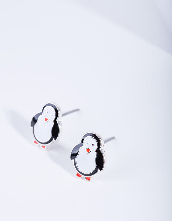 Silver Black & White Penguin Stud Earrings