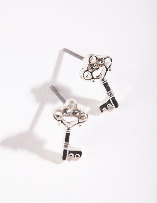 Silver Diamante Mini Key Stud Earrings