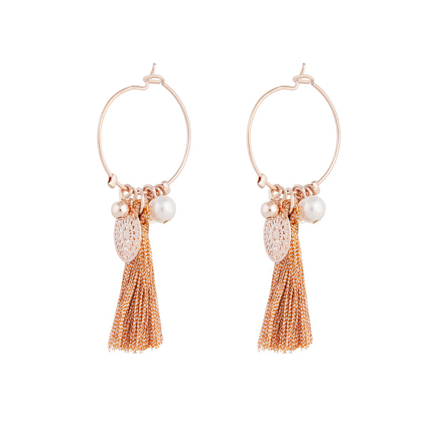 Rose Gold Fine Hoop Charm Tassel Earrings