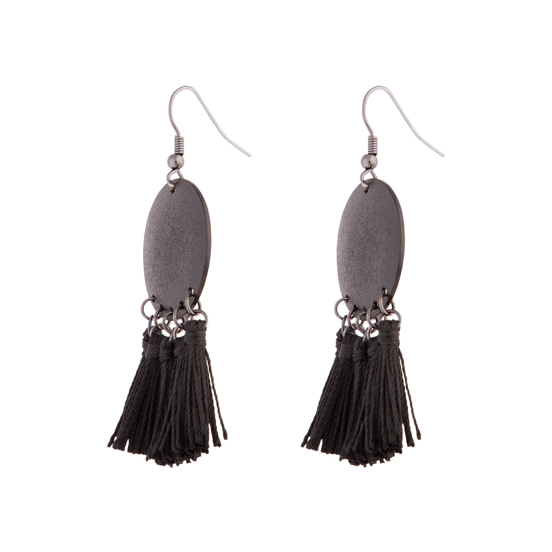 Black Sandblast Disc Tassel Earrings