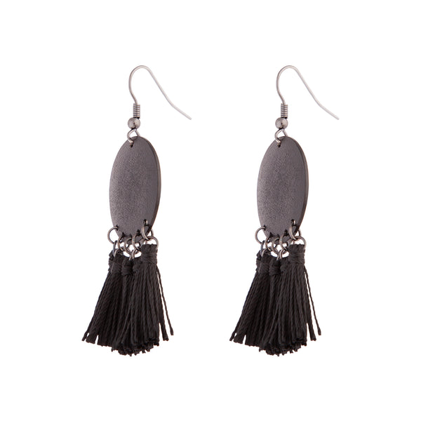 Black Sandblast Disc Tassel Earrings