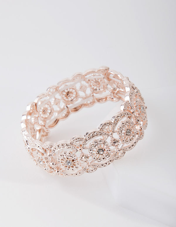 Rose Gold Diamante Filigree Stretch Bangle