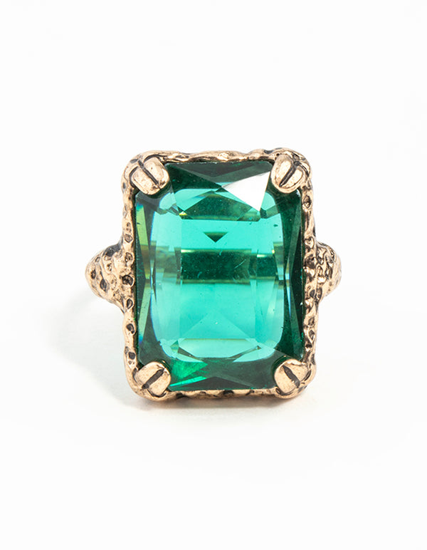 Emerald Square Cut Stone On Gold Band