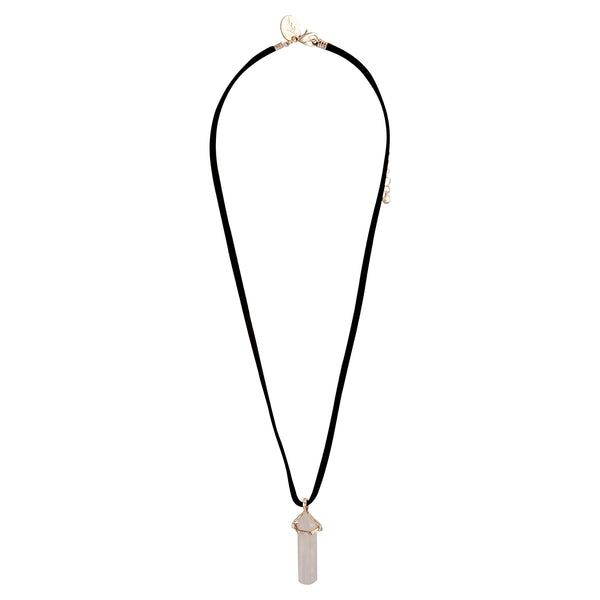 EMI PRECIOUS ROSE QUARTZ PENDANT ON BLACK SUEDETTE CHAIN