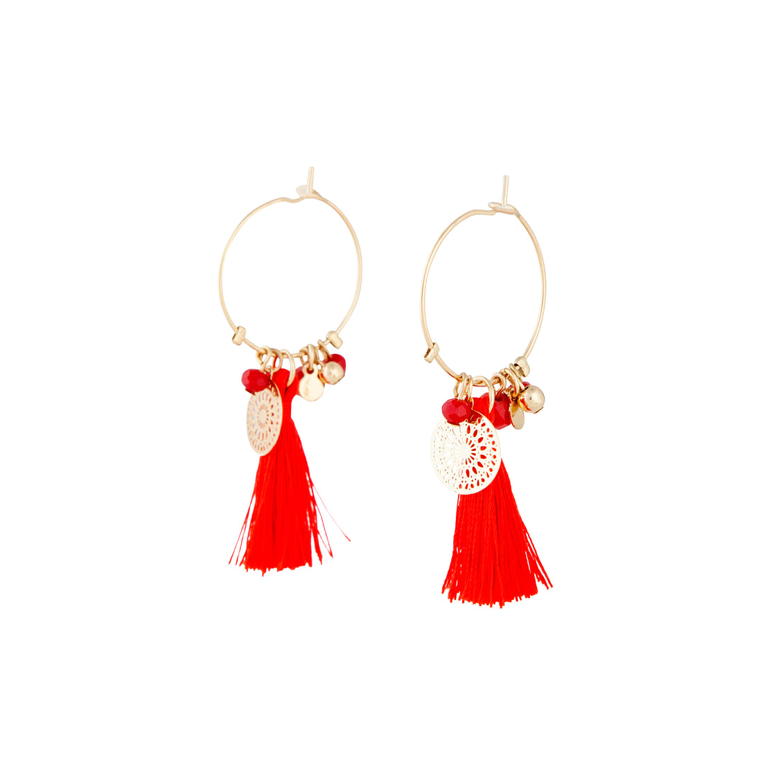 Red Fine Gold Charm Tassel Hoop Earrings