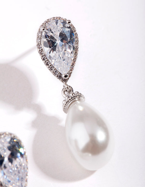Silver Diamond Simulant Pearl Drop Earring