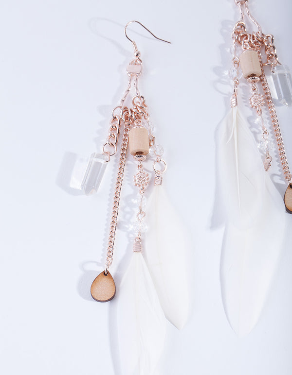 Rose Gold Feather Diamante Drop Earrings