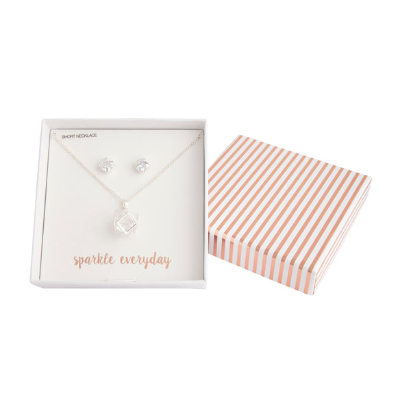 Silver Diamante Enclosed Necklace Earrings Set