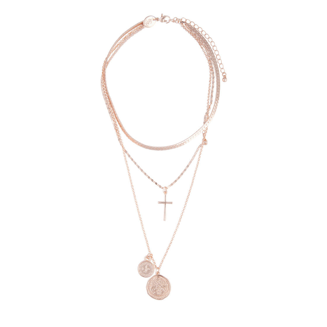 Rose Gold Cross Coin Layered Necklace