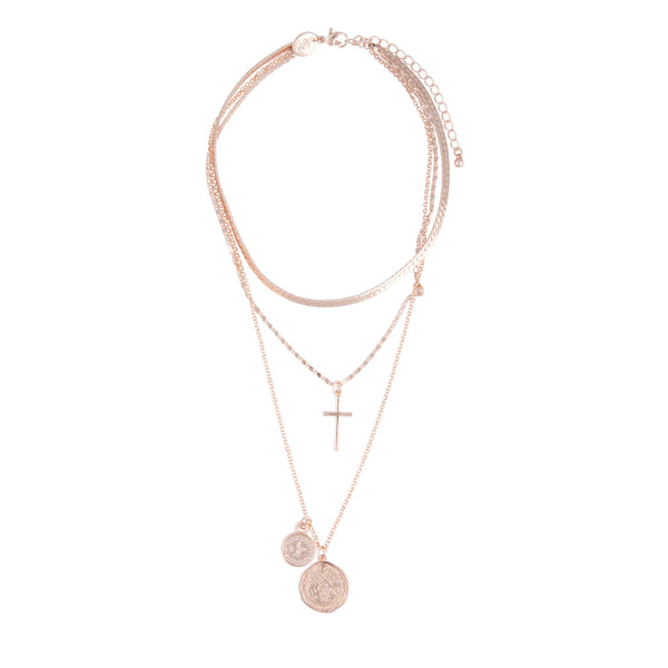 Rose Gold Cross Coin Layered Necklace