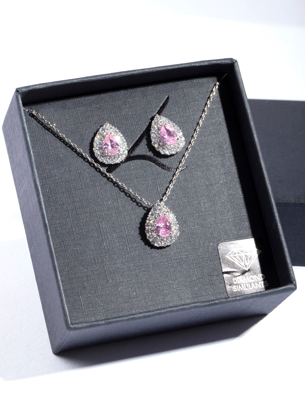 Diamond Simulant Pink Teardrop Earring & Necklace Set