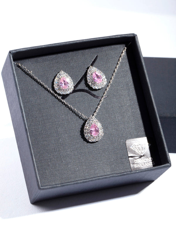 Diamond Simulant Pink Teardrop Earring & Necklace Set