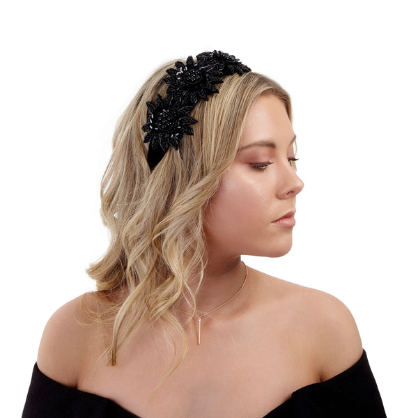 Black Statement Embellished Flower Headband