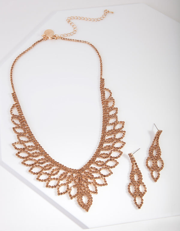 Brown Gold Diamante Earrings Necklace Set