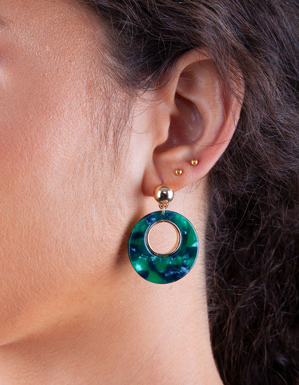 Gold Green Circle Acrylic Earrings