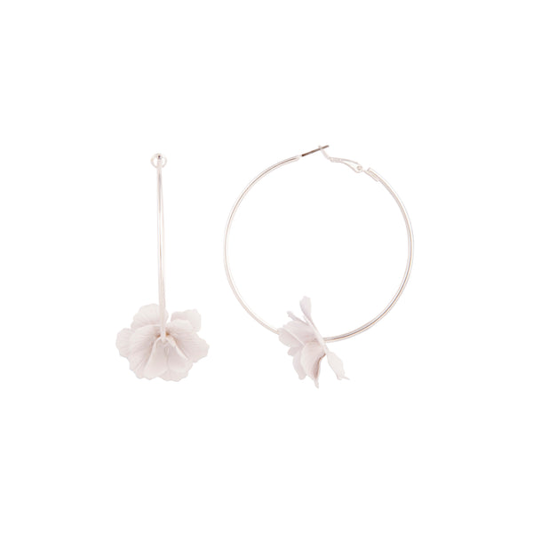 Silver Metal White Flower Hoop Earrings
