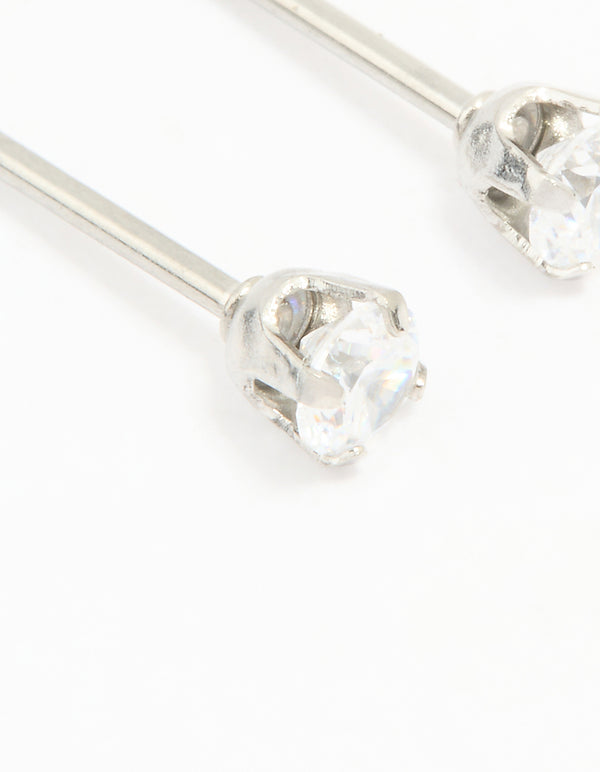 Featuring surgical stainless steel 3MM cubic zirconia piercing stud close up view