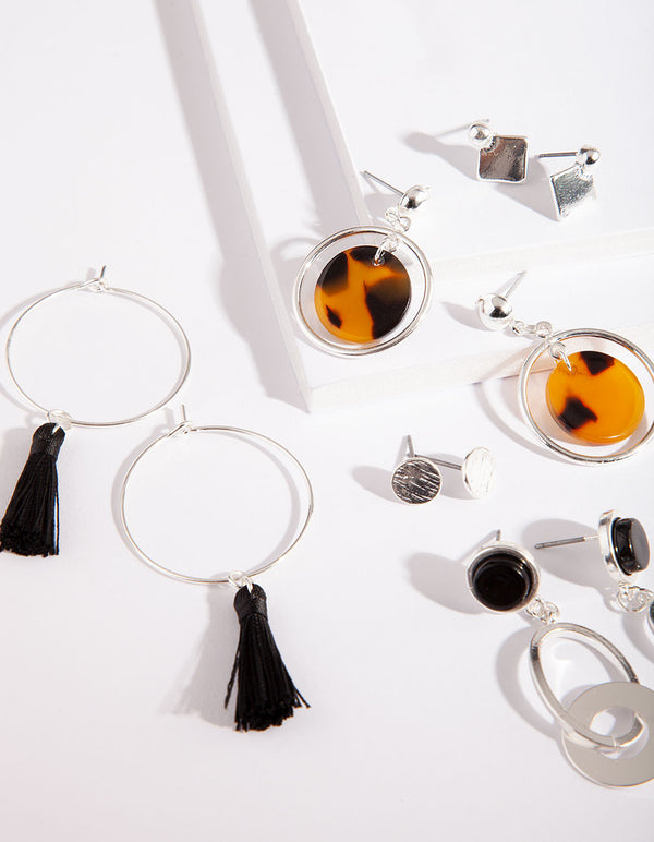 Silver Tortoiseshell Tassel Earring 6-Pack