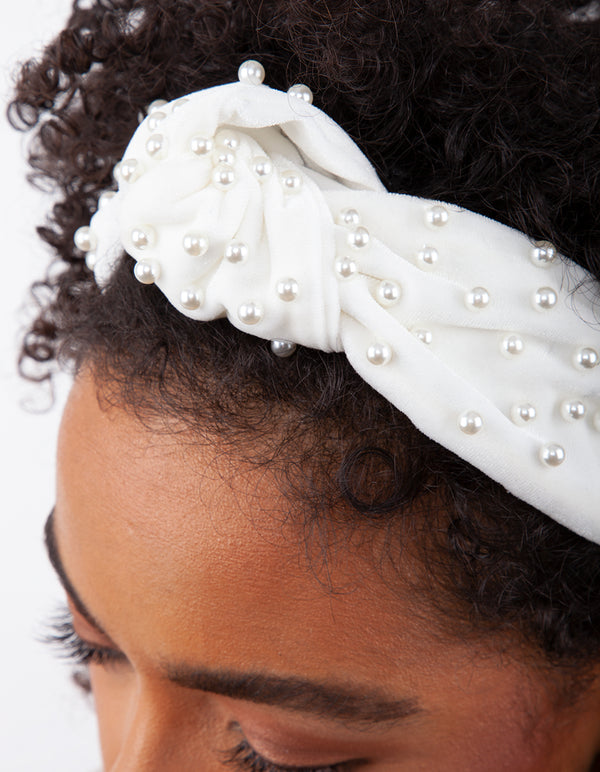 White Fabric Knot Pearl Headband