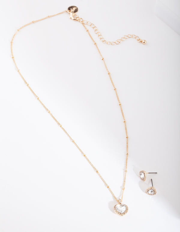 Gold Faceted Heart Necklace Earring Gift Box