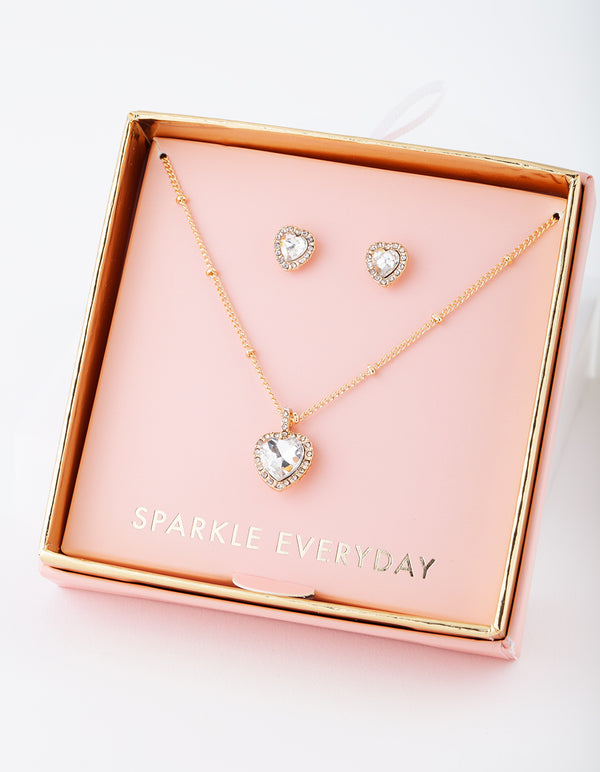 Gold Faceted Heart Necklace Earring Gift Box