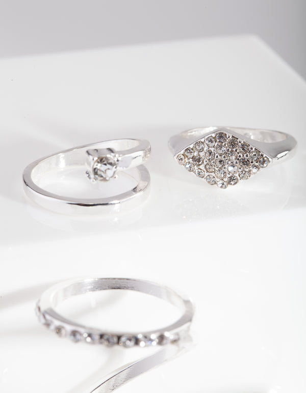Diamante Swirl Silver Ring Pack