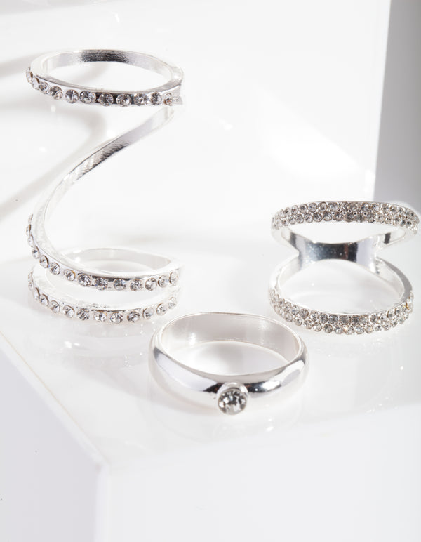 Diamante Swirl Silver Ring Pack