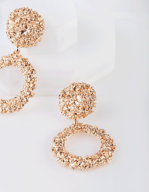 Gold Textured Round Drop Earrings