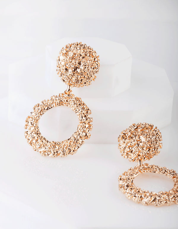Gold Textured Round Drop Earrings
