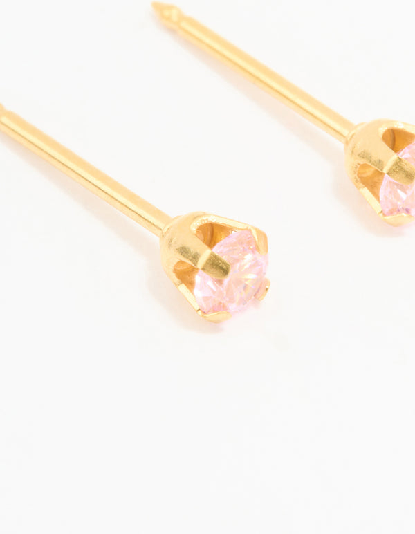 Gold 24K Pink Cubic Zirconia Crystal Piercing Stud 3mm