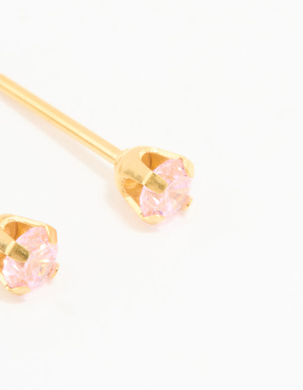Gold 24K Pink Cubic Zirconia Crystal Piercing Stud 3mm