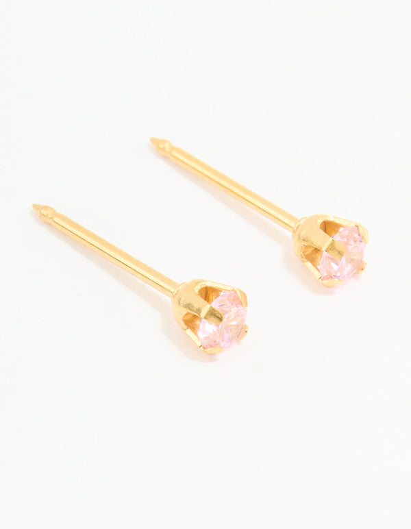 Gold 24K Pink Cubic Zirconia Crystal Piercing Stud 3mm