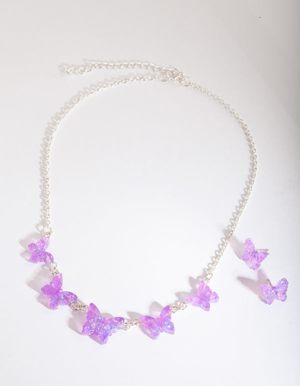 Kids Purple Glitter Butterfly Jewellery Set