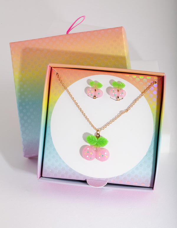 Kids Cherry Clip-On Earring Necklace Set