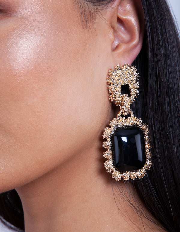 Gold Textured Black Enamel Drop Earrings
