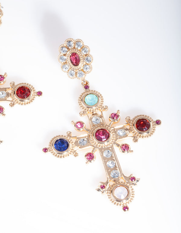 Gold Multi Gem Cross Earrings