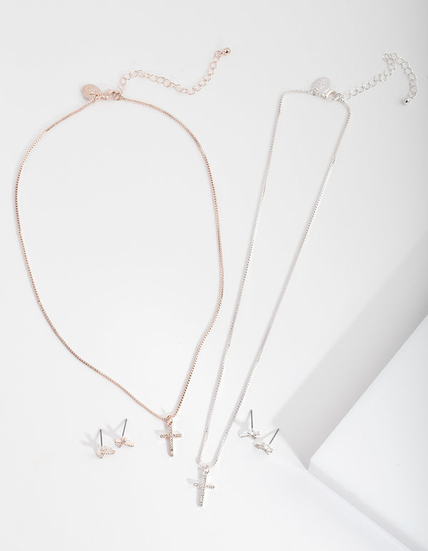 Mixed Metal Diamante Cross Jewellery Set