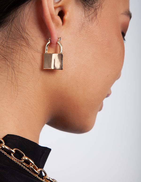 Gold Mini Lock Earrings