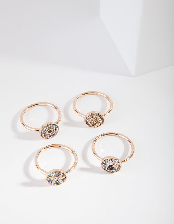 Gold Evil Eye Diamante Ring Pack