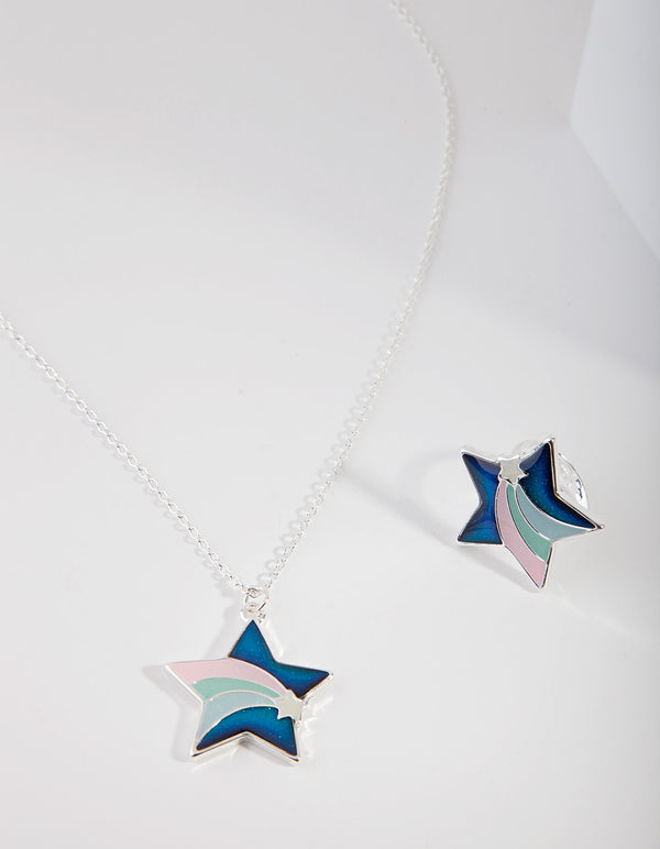 Kids Silver Star Mood Ring & Necklace