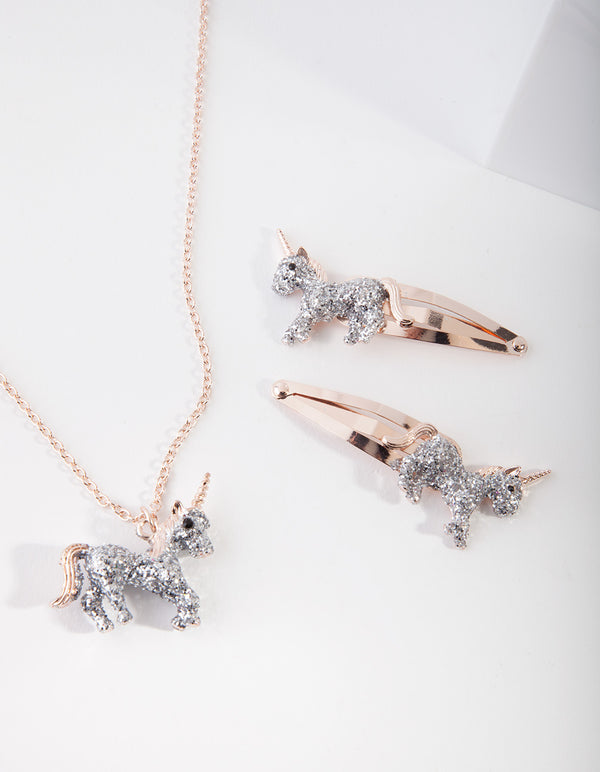Kids Silver Unicorn Clip and Necklace