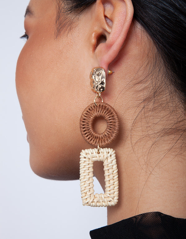 Gold & Brown Raffia Geometric Drop Earrings