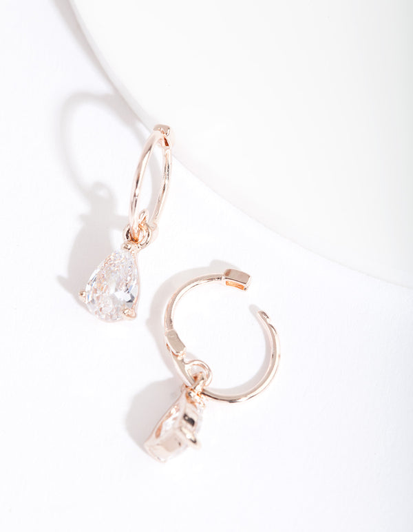 Rose Gold Cubic Zirconia Teardrop Hoop Earrings