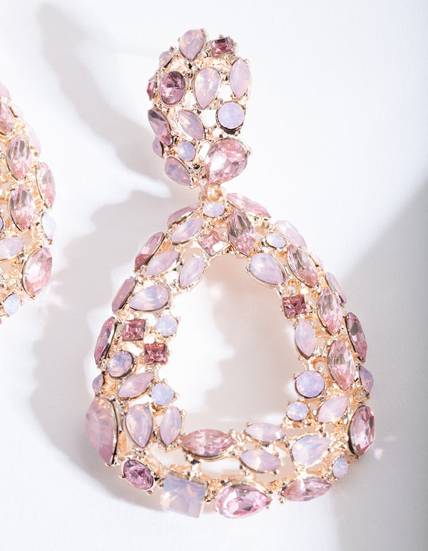 Rose Gold Pink Gem Teardrop Earrings