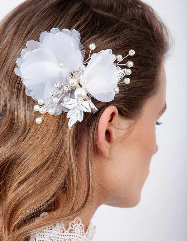Silver White Fabric Flower Hair Clip
